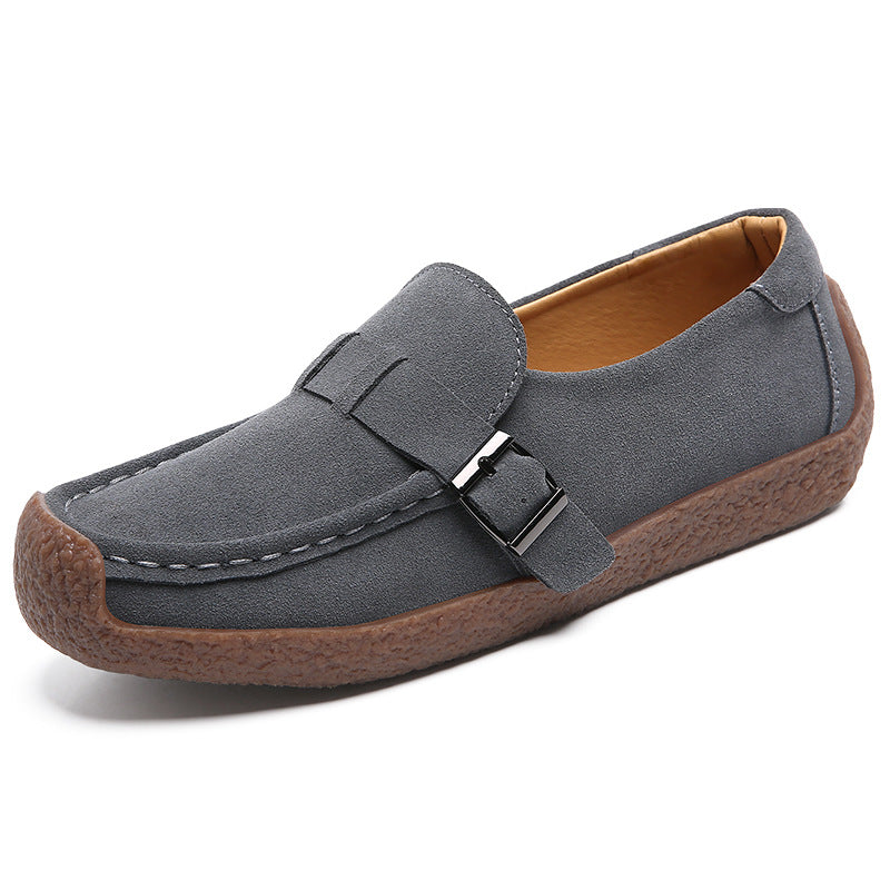 Vera Suede Loafers in Gray — soft suede slip-on with buckle strap and chunky cushioned sole