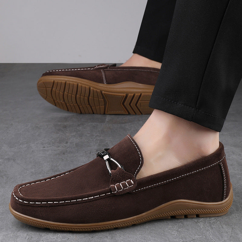 Barrett Suede Moccasins in Dark Brown — cloud-soft suede slip-on loafers on model