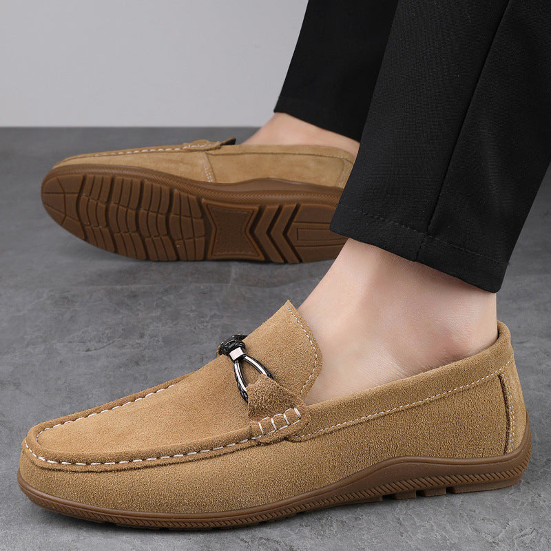 Barrett Suede Moccasins in Khaki — cloud-soft suede slip-on loafers on model