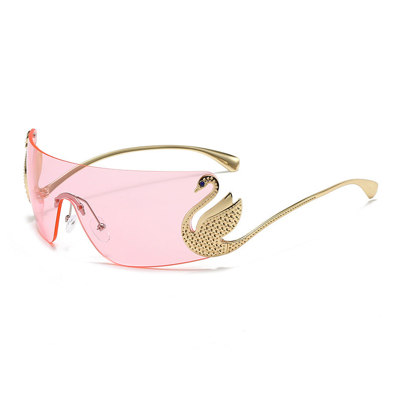 Bianca Sunglasses in Pink — gold-tone wraparound with sculpted swan accent