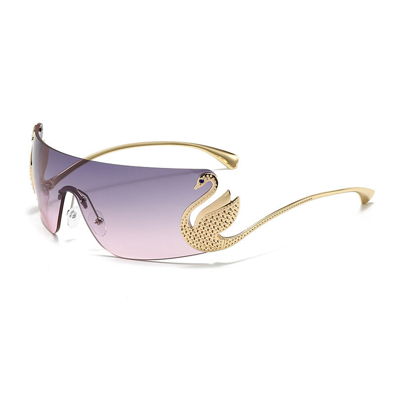 Bianca Sunglasses in Rose — gold-tone wraparound with sculpted swan accent