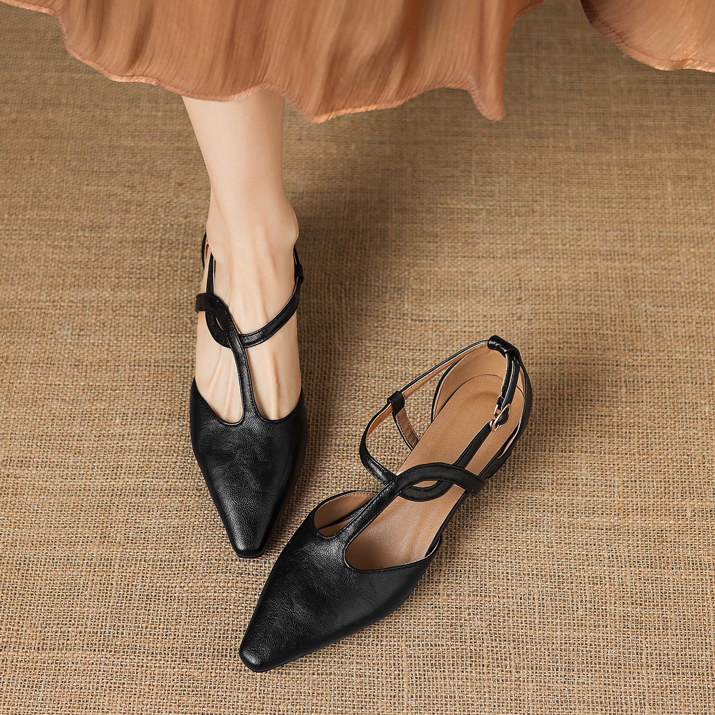 Aurelie Leather Flats in Black — pointed-toe Mary Jane flats with slim T-strap