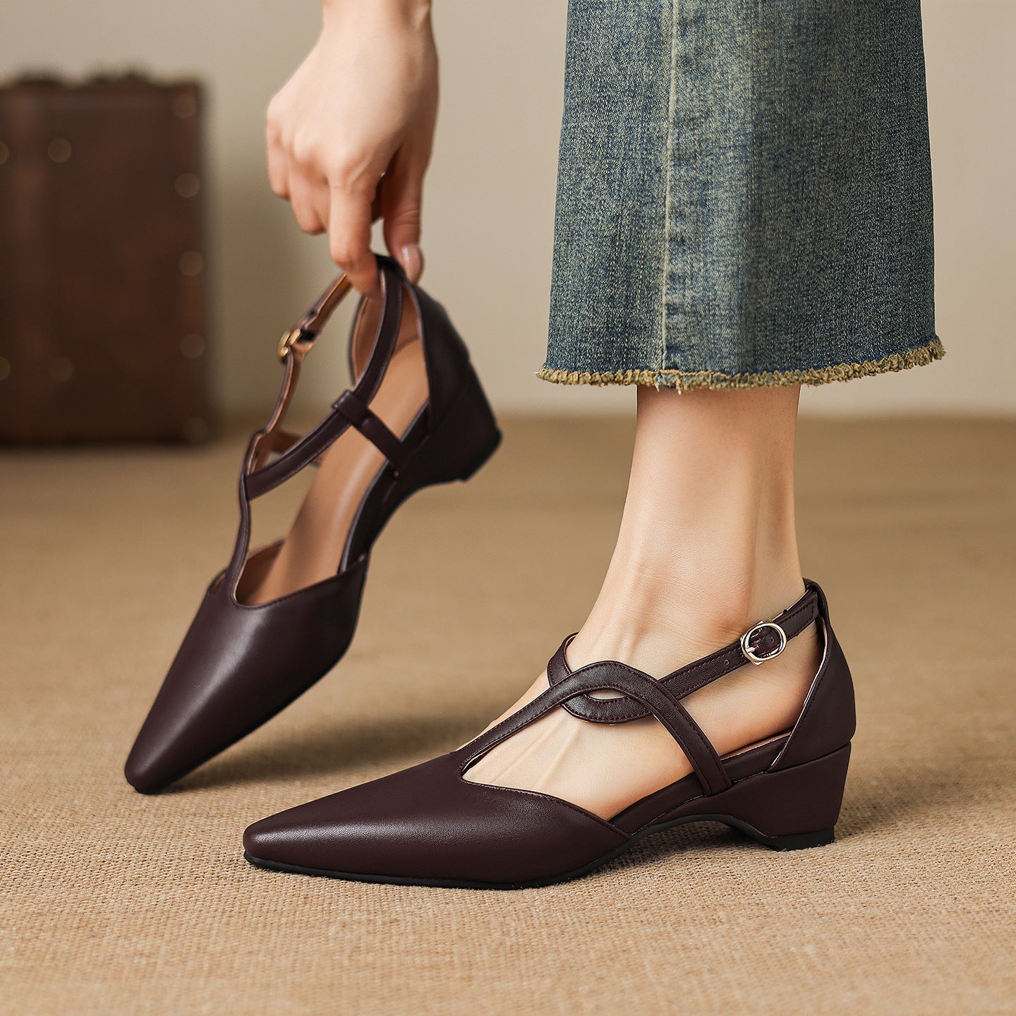 Aurelie Leather Flats in Brown — pointed-toe Mary Jane flats with slim T-strap