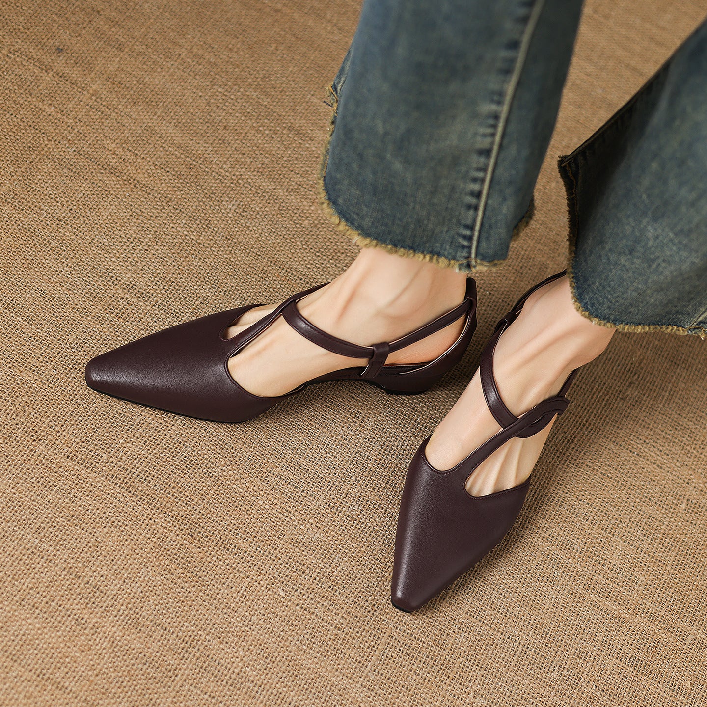 Aurelie Leather Flats in Brown — pointed-toe Mary Jane flats with slim T-strap