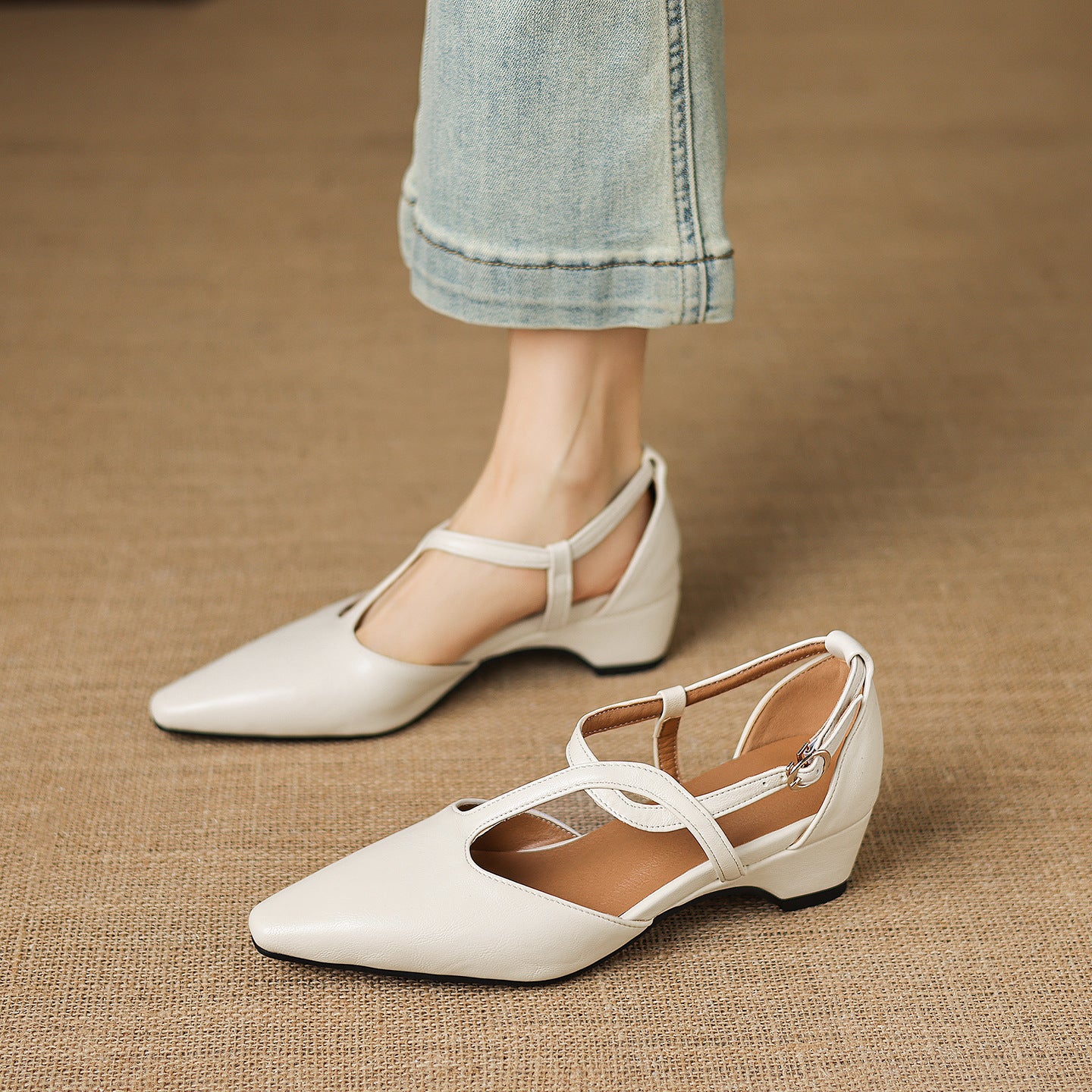 Aurelie Leather Flats in Cream — pointed-toe Mary Jane flats with slim T-strap