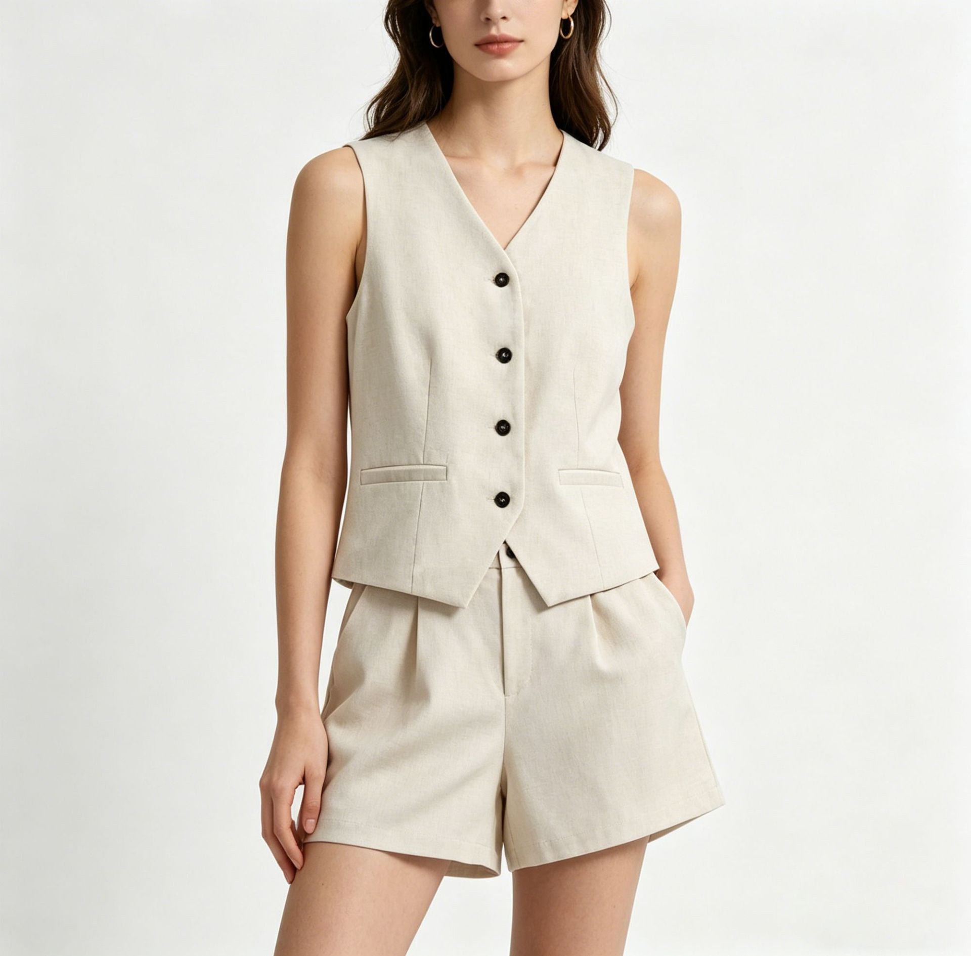 Camille Tailored Set — women's linen waistcoat and shorts two-piece on model | Spaydes