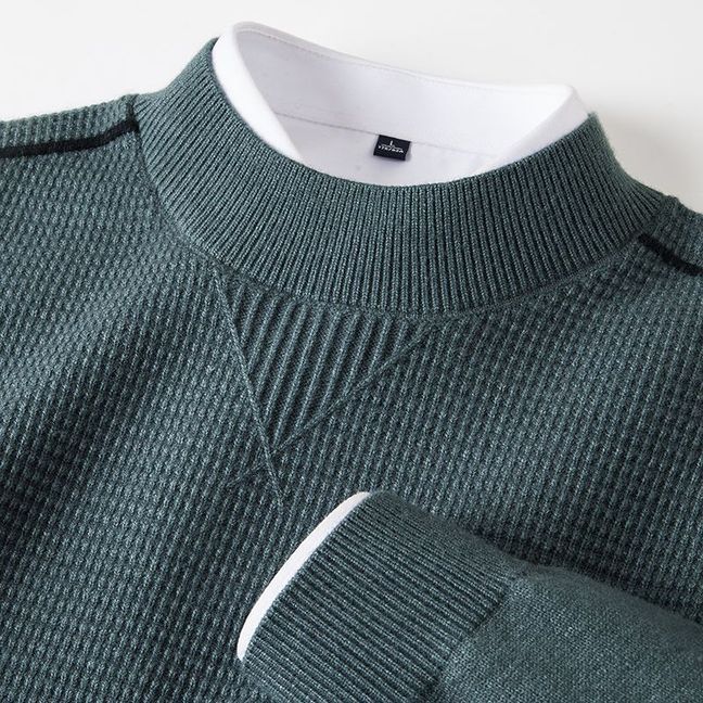 Brooks Textured Sweater in Sage — close-up of the ribbed mock collar and waffle texture
