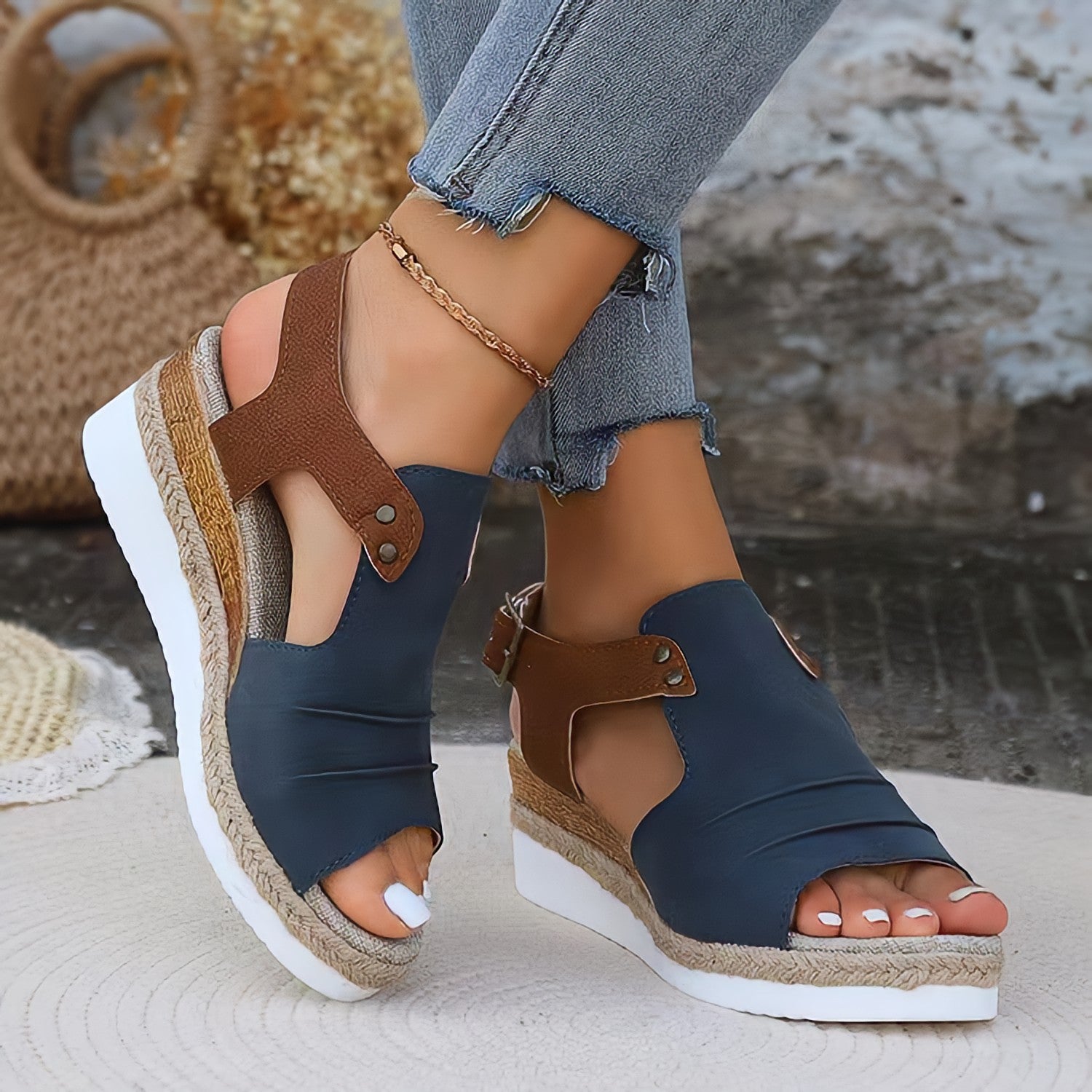 Alba Platform Sandals in Navy Blue — leather espadrille wedge with ankle strap