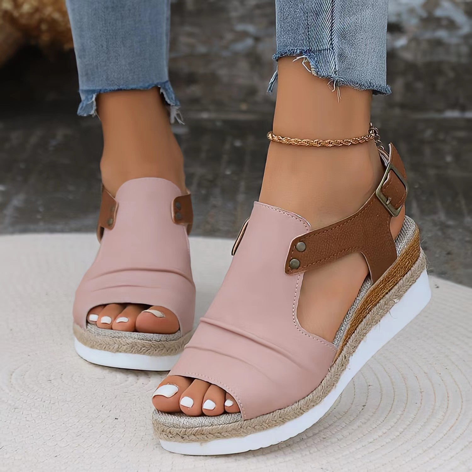 Alba Platform Sandals in Pink — leather espadrille wedge with ankle strap