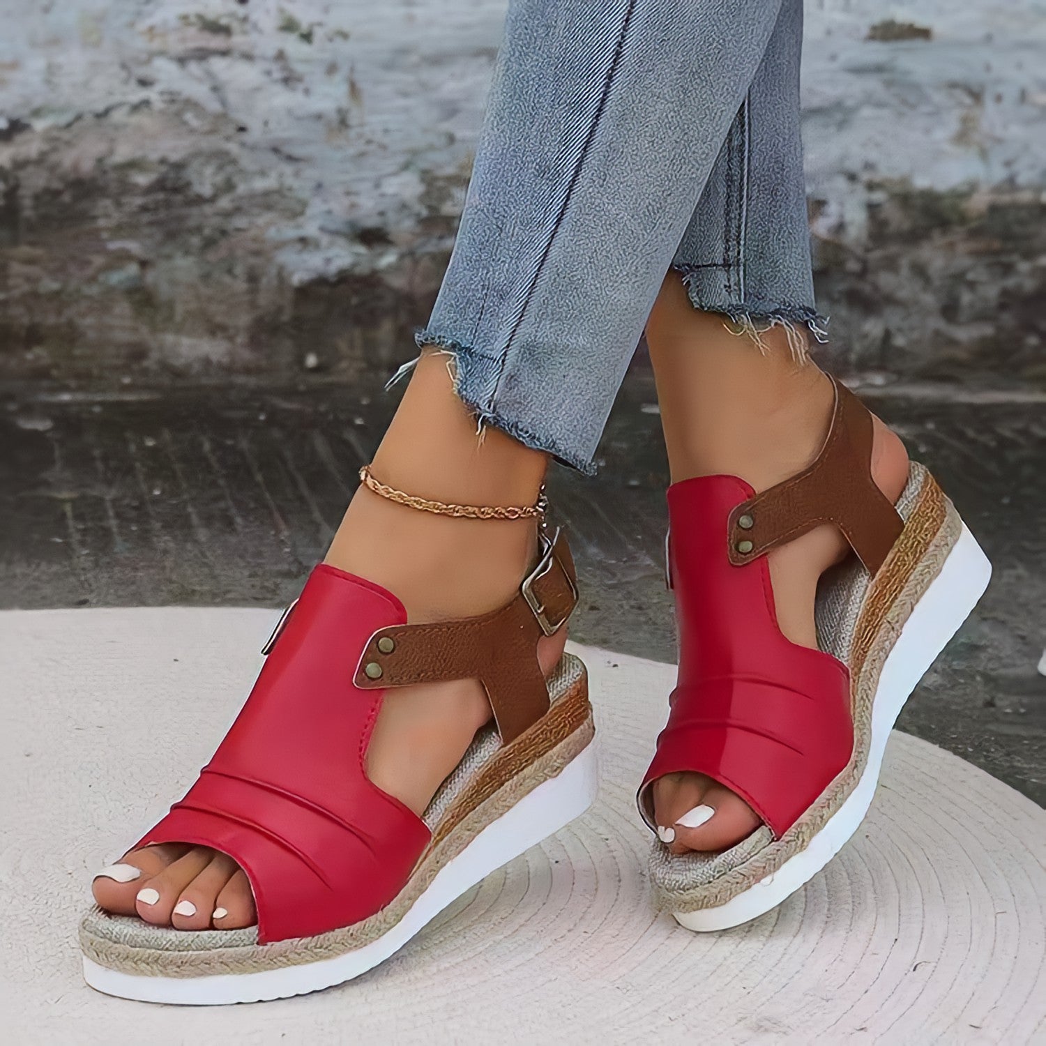 Alba Platform Sandals in Red — leather espadrille wedge with ankle strap