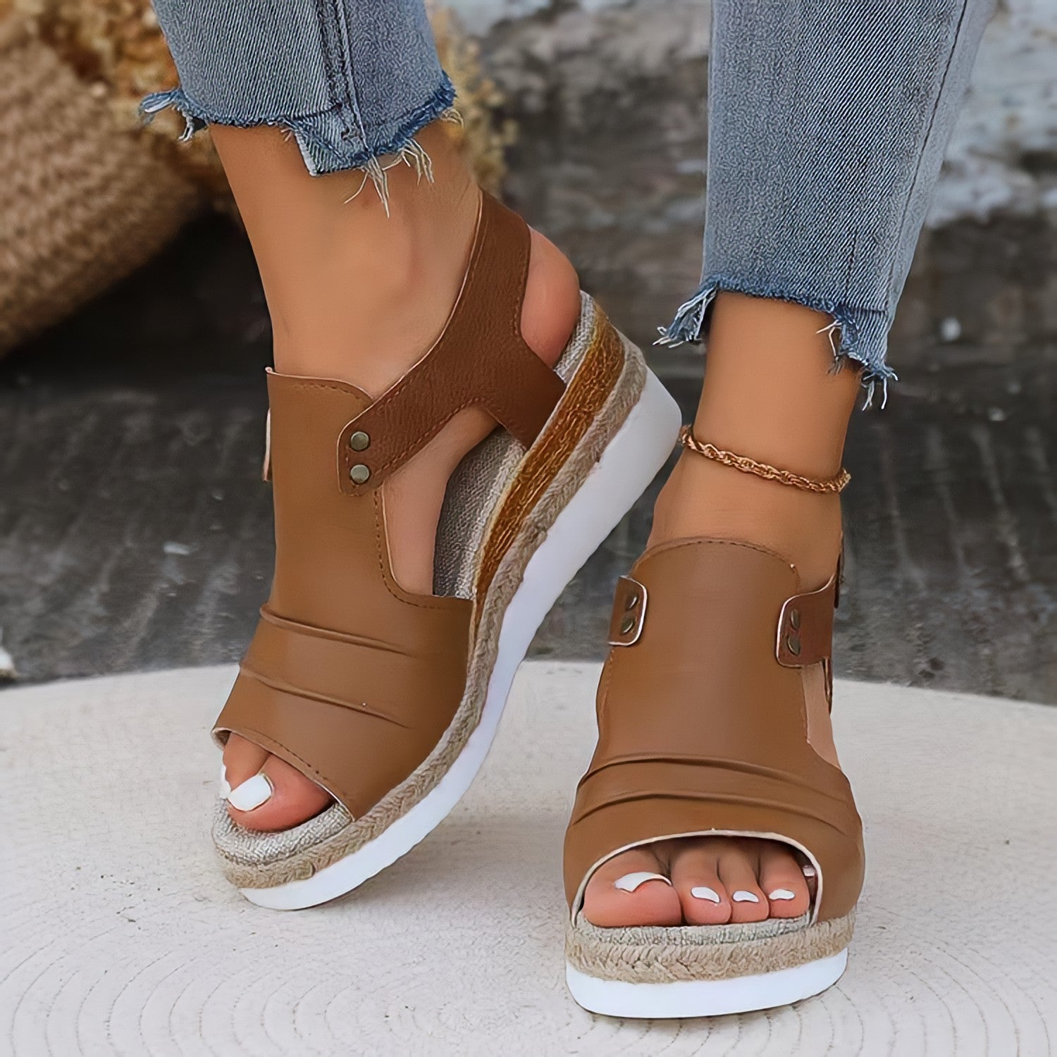Alba Platform Sandals in Light Brown — leather espadrille wedge with ankle strap