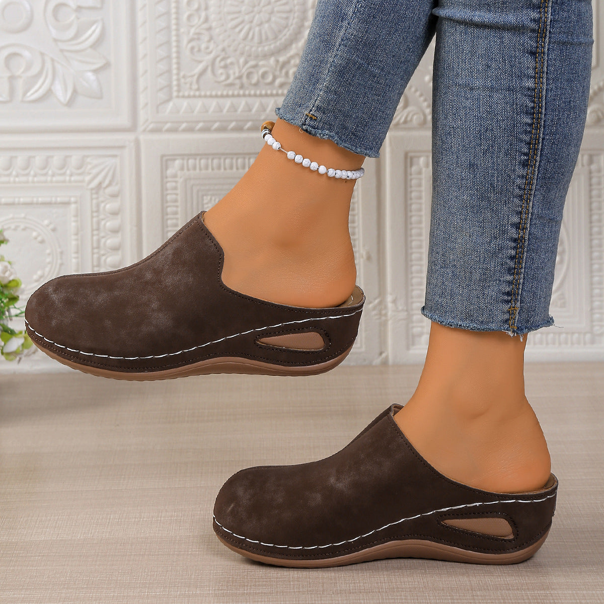 Nia Suede Mules in Blue — slip-on wedge mule with cushioned footbed