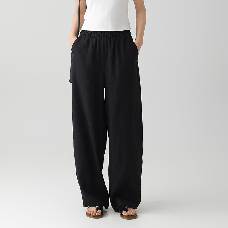 Isla Linen Pants in Black — women's wide-leg linen pants with a relaxed drape and elastic waist