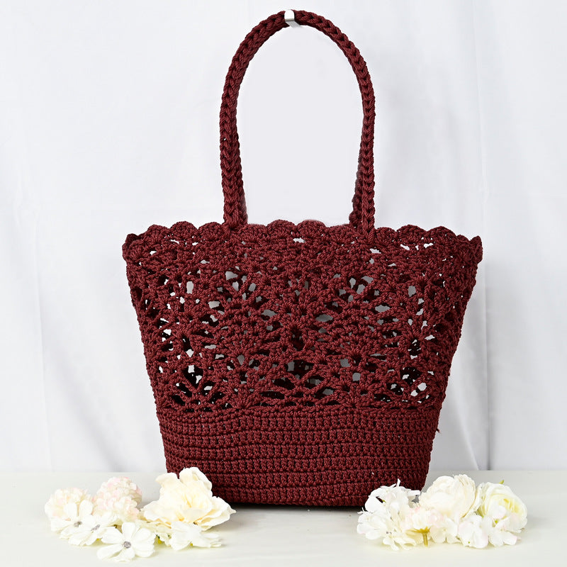 Beatrice Crochet Tote in Dark Red — crochet cotton with delicate lace detailing