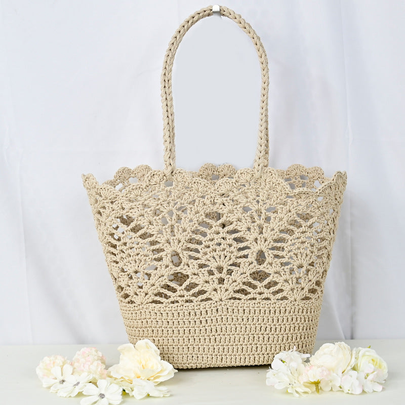 Beatrice Crochet Tote in Beige — crochet cotton with delicate lace detailing