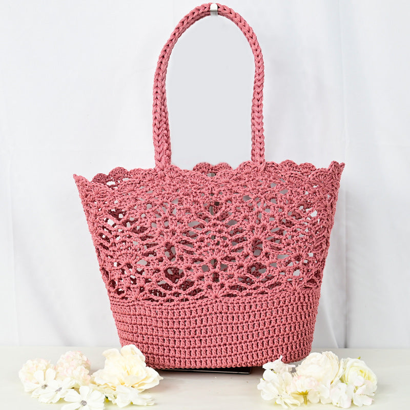 Beatrice Crochet Tote in Pink — crochet cotton with delicate lace detailing