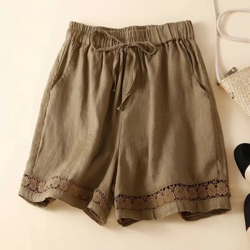 Estelle Linen Shorts in Khaki — drawstring lace trim