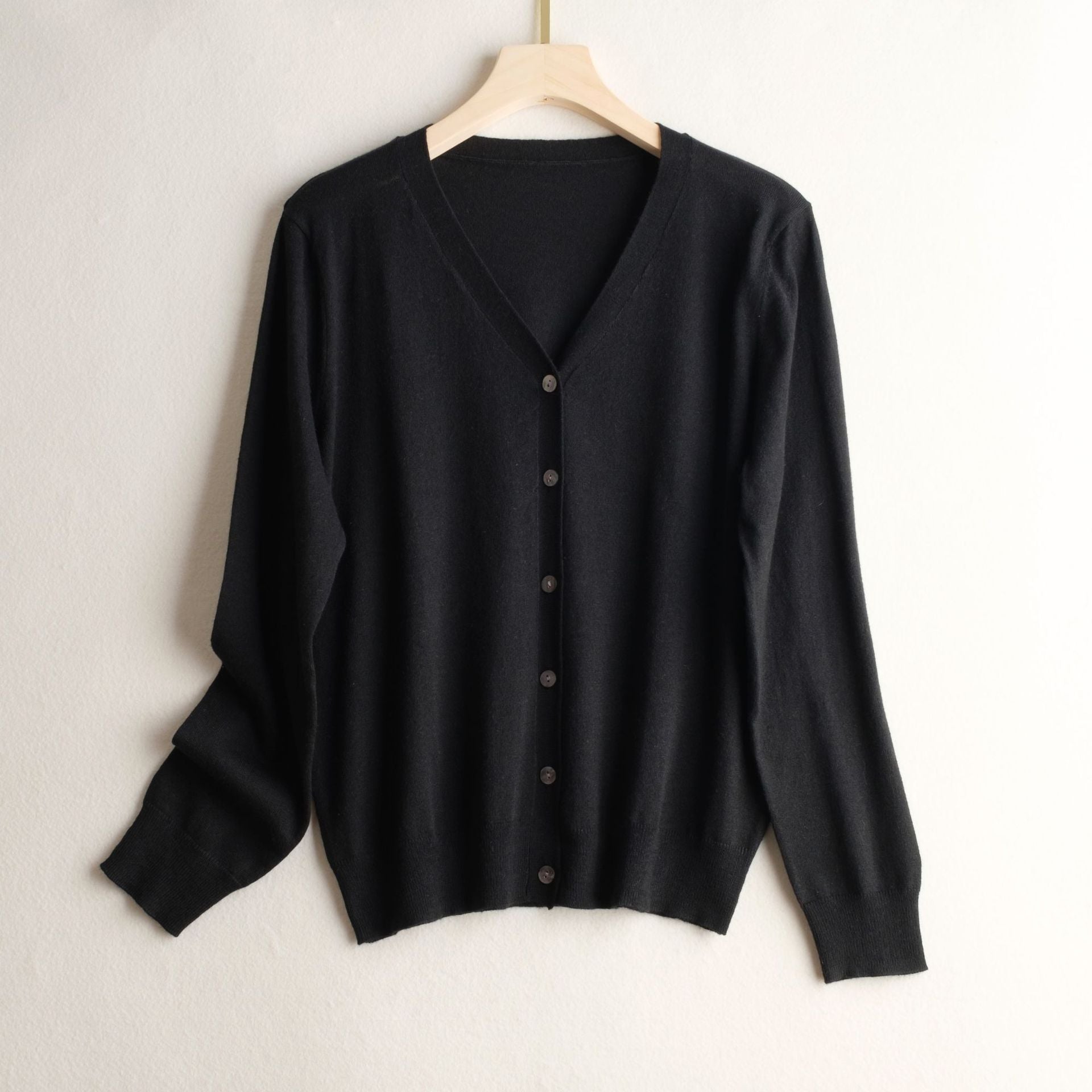 Noelle Knit Cardigan in Black — women's lightweight V-neck button cardigan