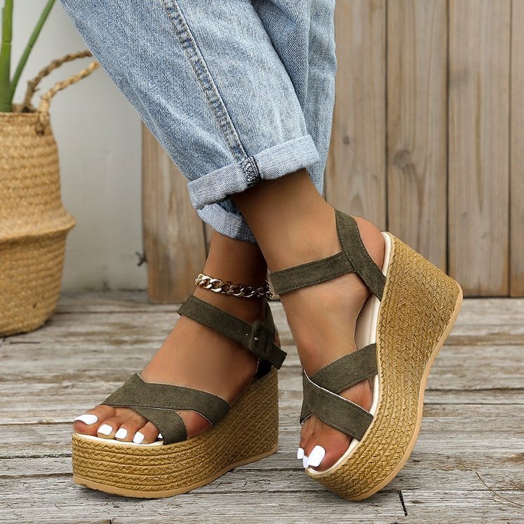 Esme Platform Wedges in Olive — hemp-wrapped wedge