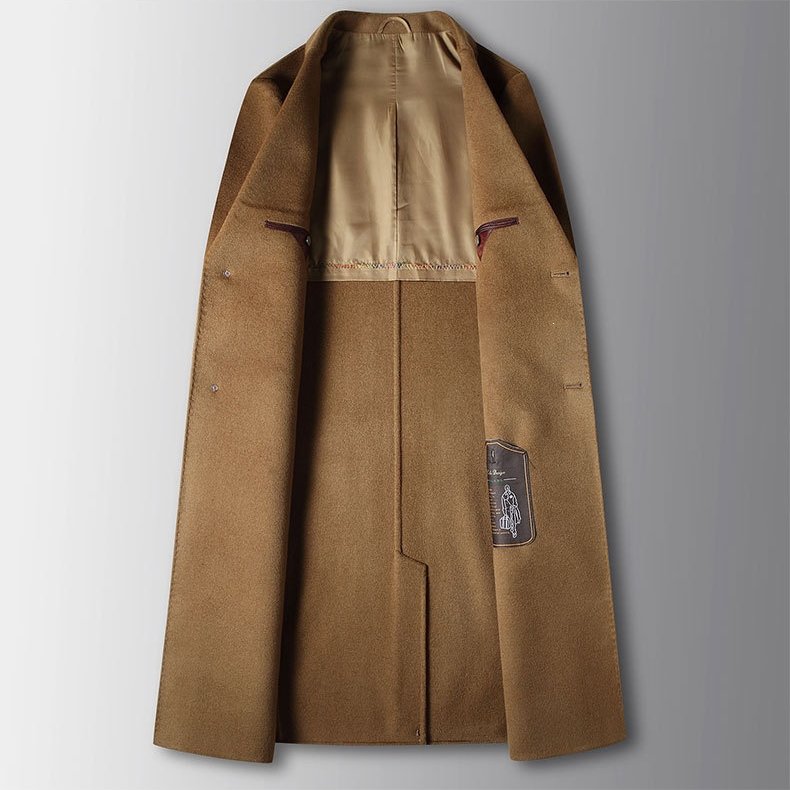Everett Notched Overcoat in Light Brown — inner lining and chest pocket detail