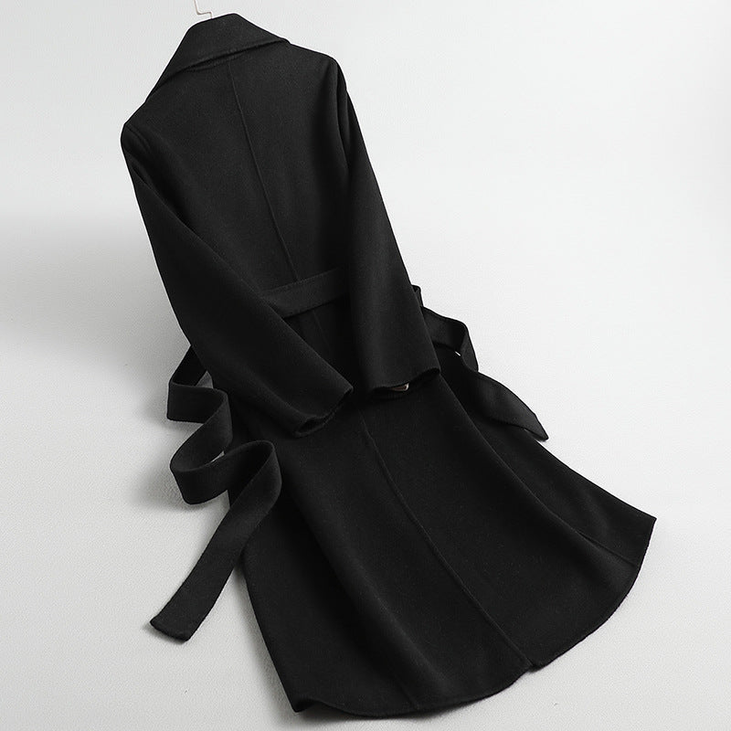 Odette Belted Coat in Black — back view of the long belted wool wrap coat