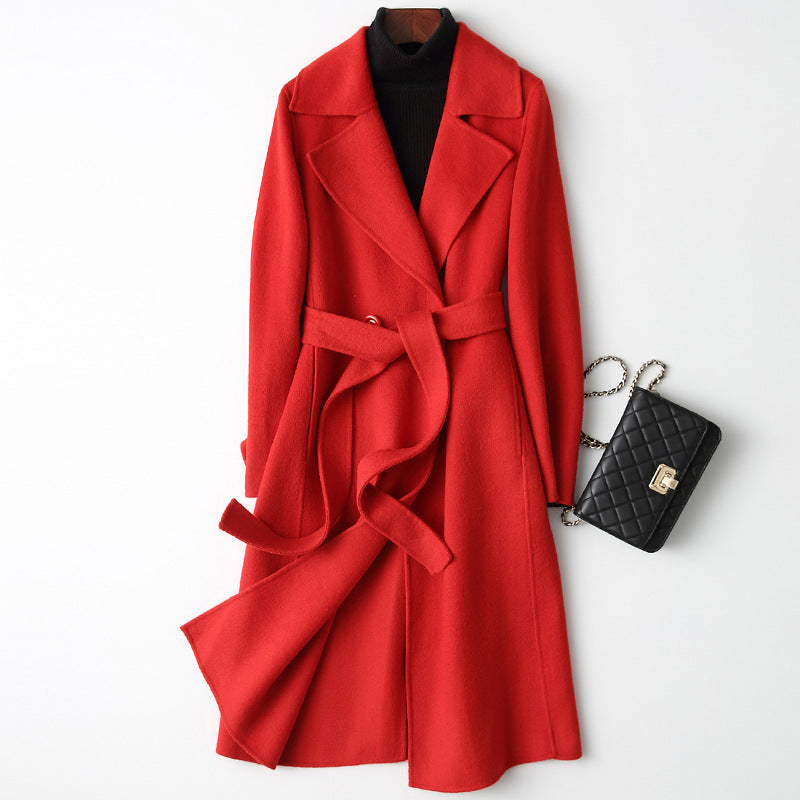 Odette Belted Coat in Red — long wool wrap coat with notched lapel and self-tie belt