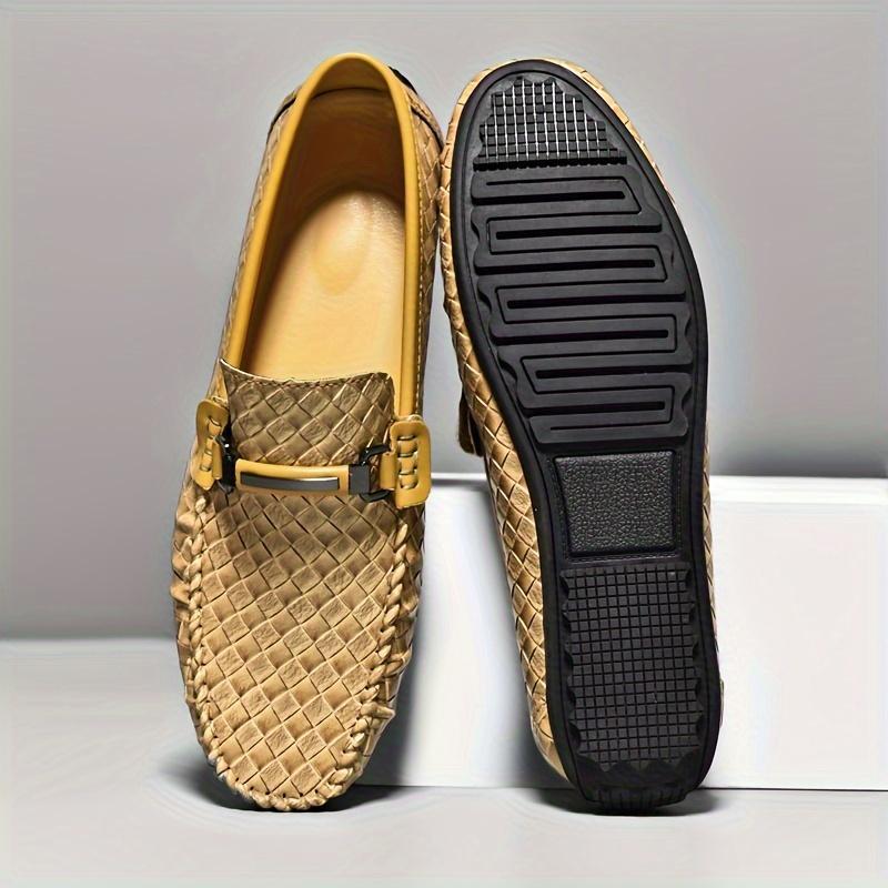 Emilio Woven Loafers in Light Brown — woven leather driving loafers with metal bit detail