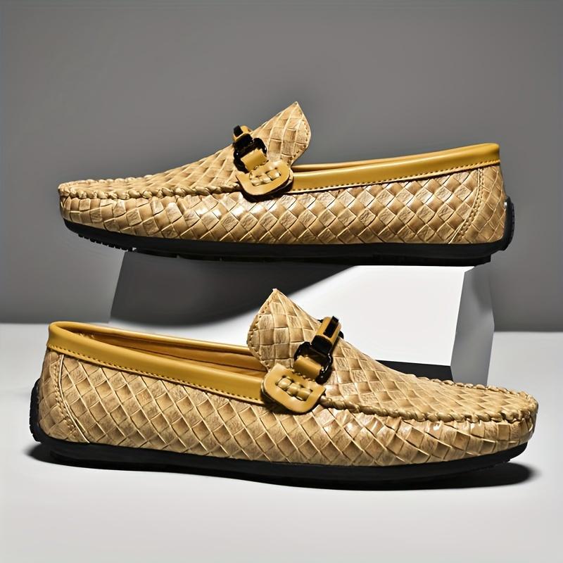 Emilio Woven Loafers in Light Brown — woven leather driving loafers with metal bit detail