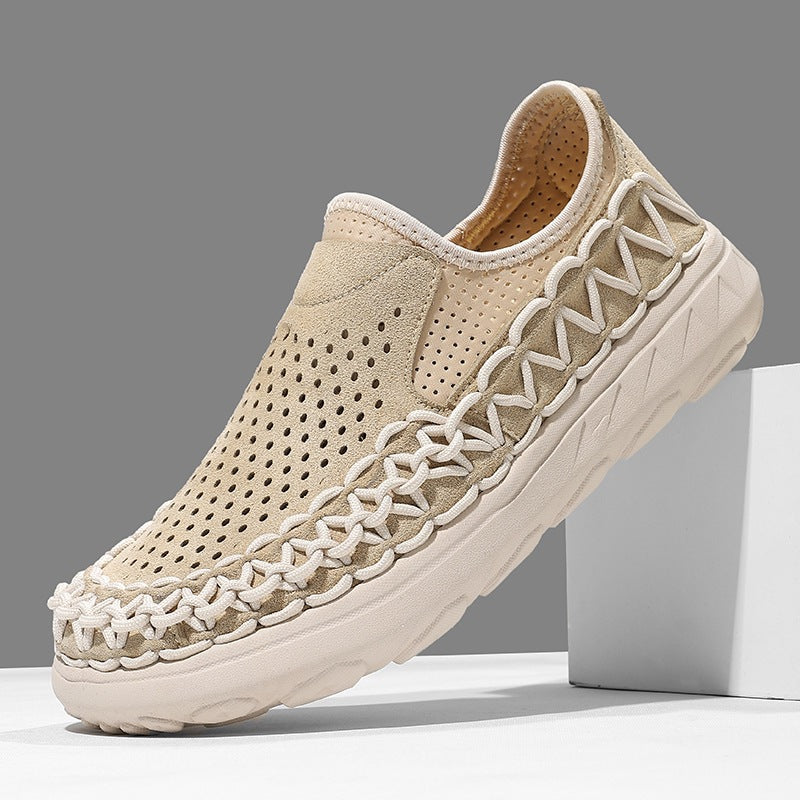 Dario Woven Loafers in Beige — men's perforated suede slip-on loafer with woven cord trim