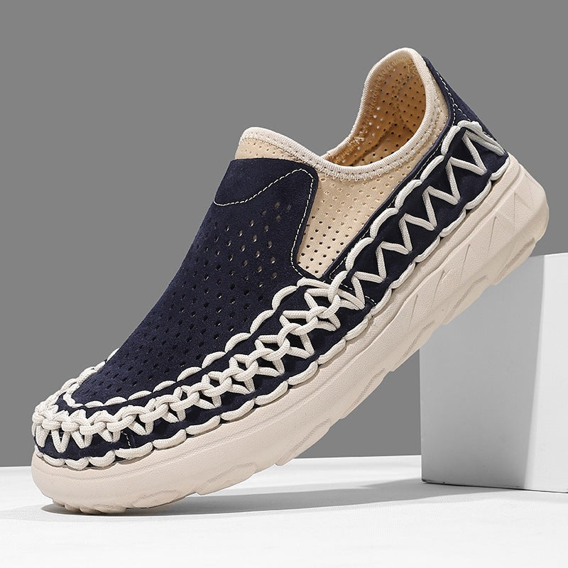 Dario Woven Loafers in Navy Blue — men's perforated suede slip-on loafer with woven cord trim