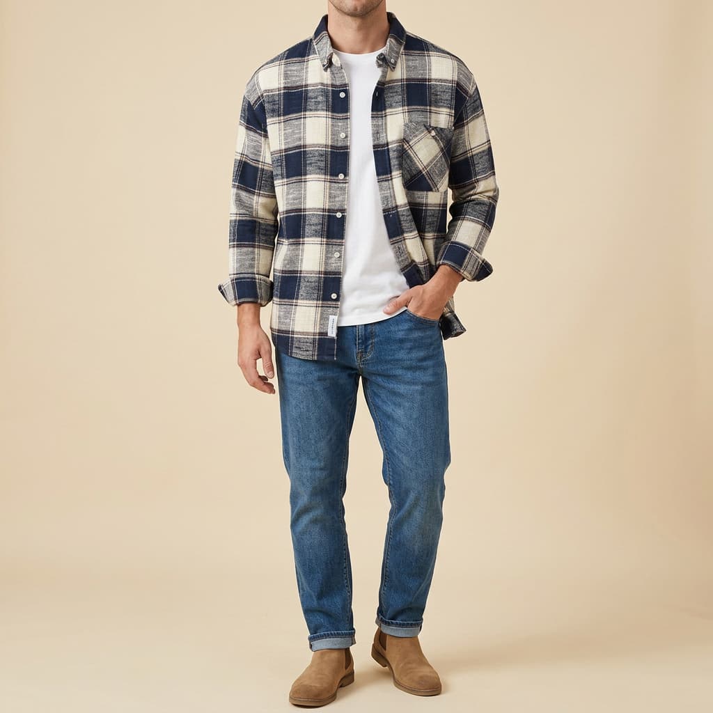 Roman Plaid Shirt in White — men's premium cotton plaid long-sleeve button-up