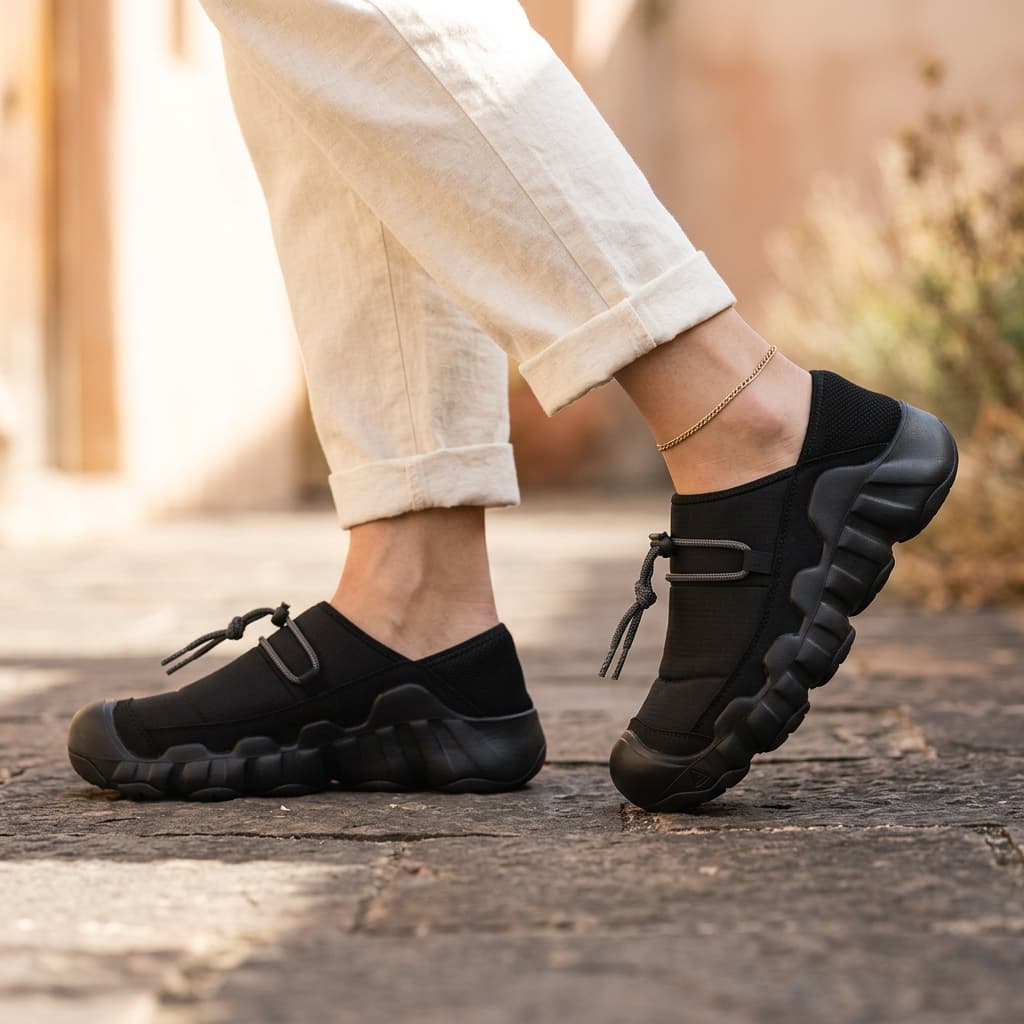 Amos Canvas Sneakers — premium cushioned slip-on with bungee toggle and lugged sole