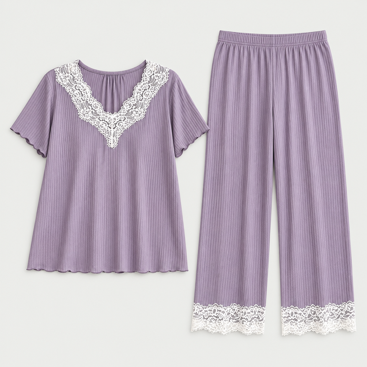 Delia Pajama Set — women's ribbed knit two-piece pajama set with lace trim