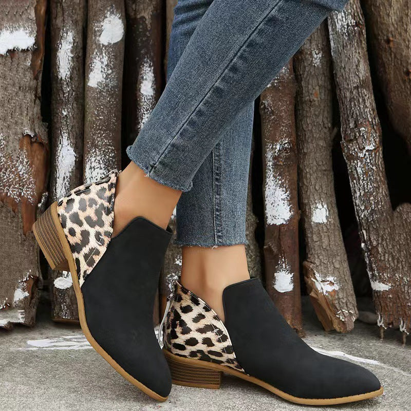 Esme Leopard Boots in Black — worn outdoors with denim, leopard heel panel
