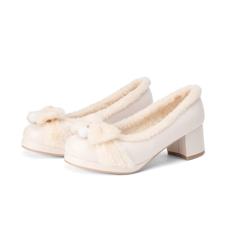 Camille Plush Pumps in Cream — plush-lined platform pump with a soft pom bow