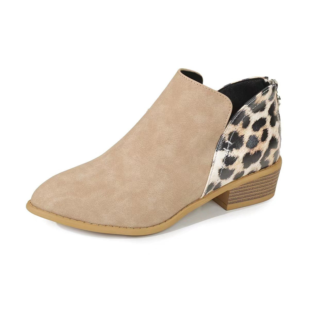 Esme Leopard Boots in Beige — side profile with the leopard-print back panel