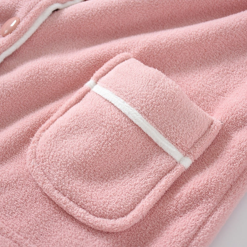 Freya Pajama Set in Pink — patch pocket with contrast piped trim