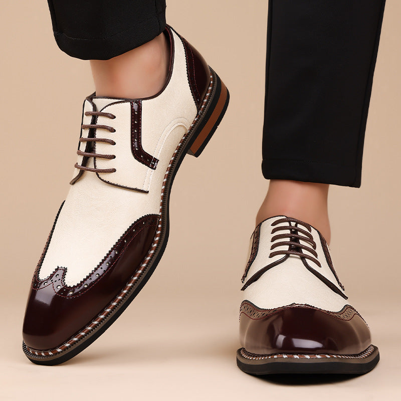 Spencer Brogue Sneakers in Cream — worn with tailored trousers
