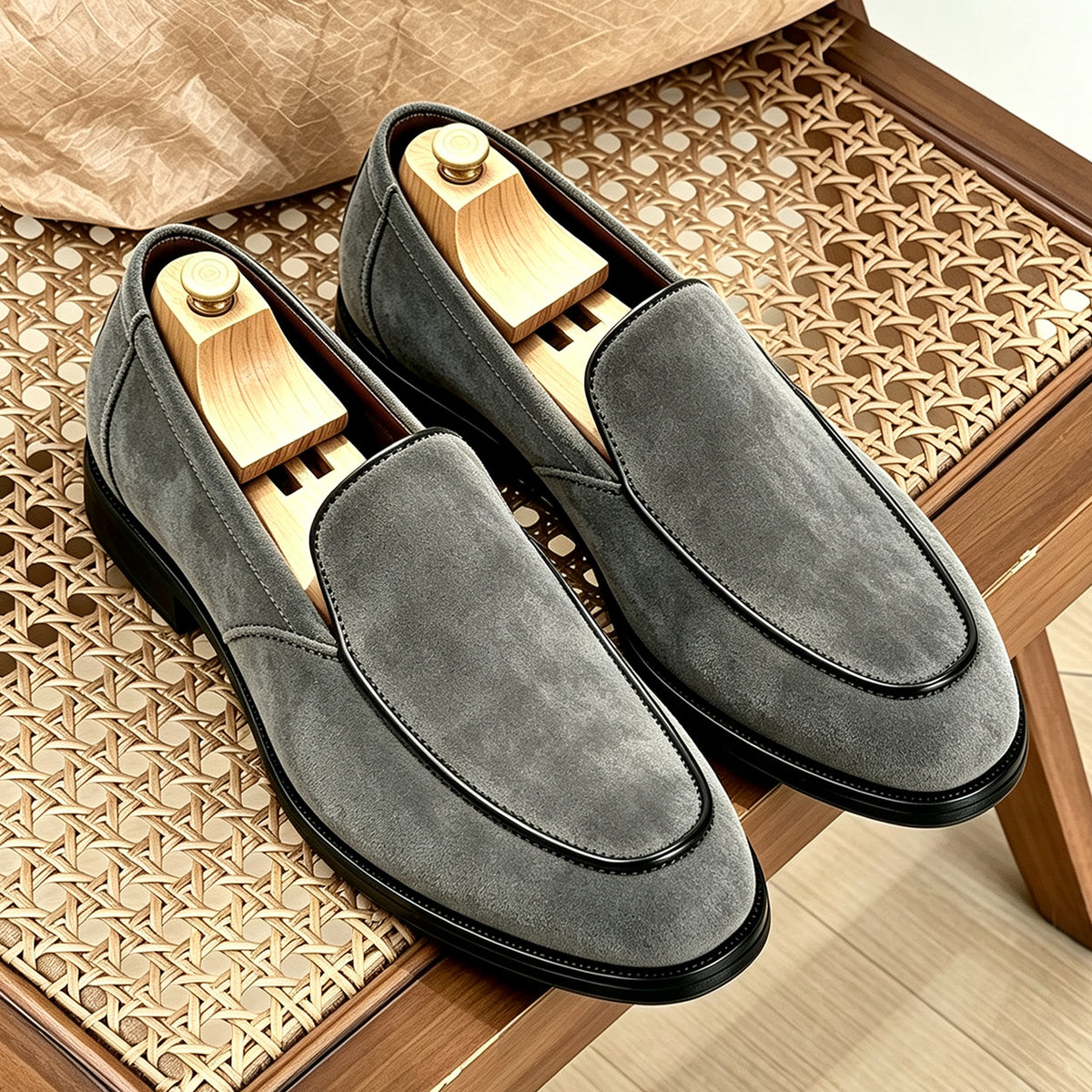 Rafael Venetian Loafers in Gray — close-up of the suede upper and apron seam