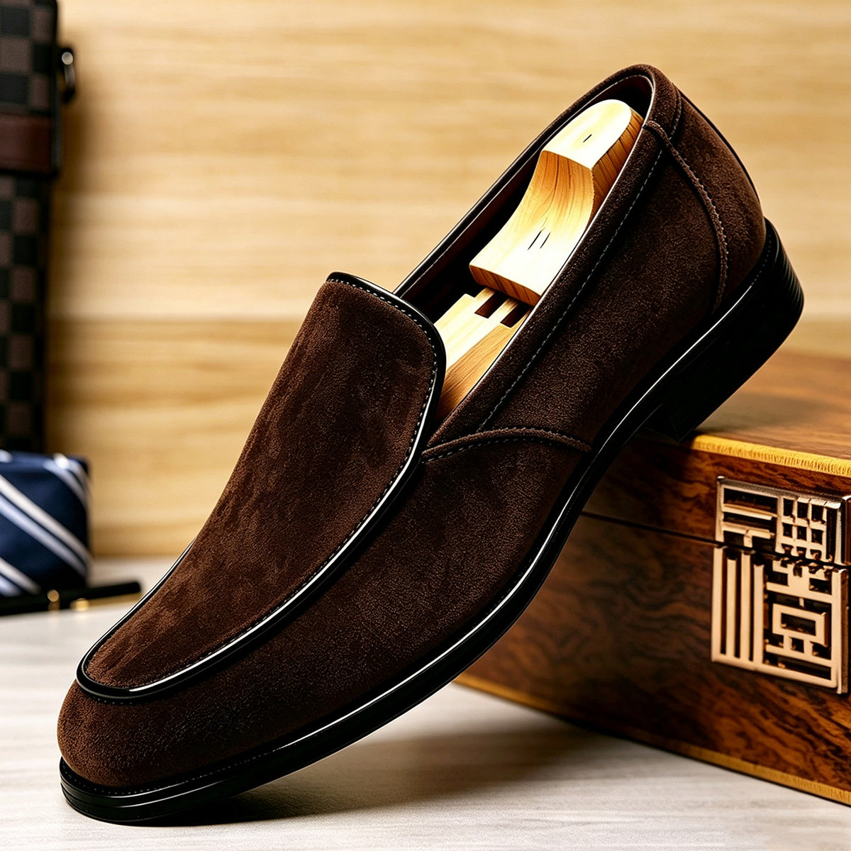 Rafael Venetian Loafers in Dark Brown — close-up of the suede upper and contrast piping
