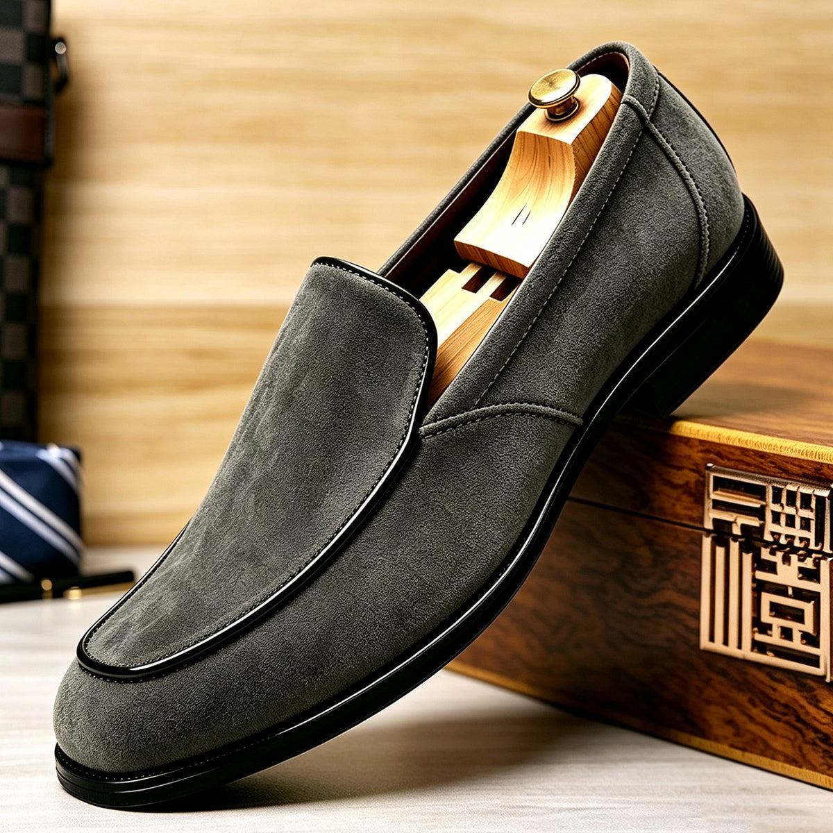 Rafael Venetian Loafers in Gray — side profile showing the low stacked heel