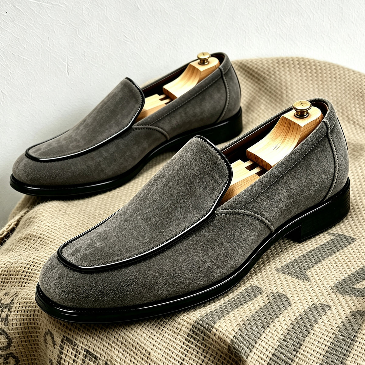 Rafael Venetian Loafers in Gray — soft suede venetian slip-on loafer with piped trim