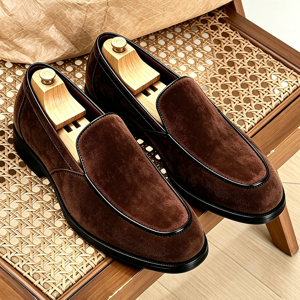Rafael Venetian Loafers in Dark Brown — soft suede venetian slip-on loafer with piped trim