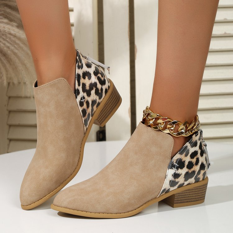 Esme Leopard Boots in Beige — worn pair styled with an ankle chain