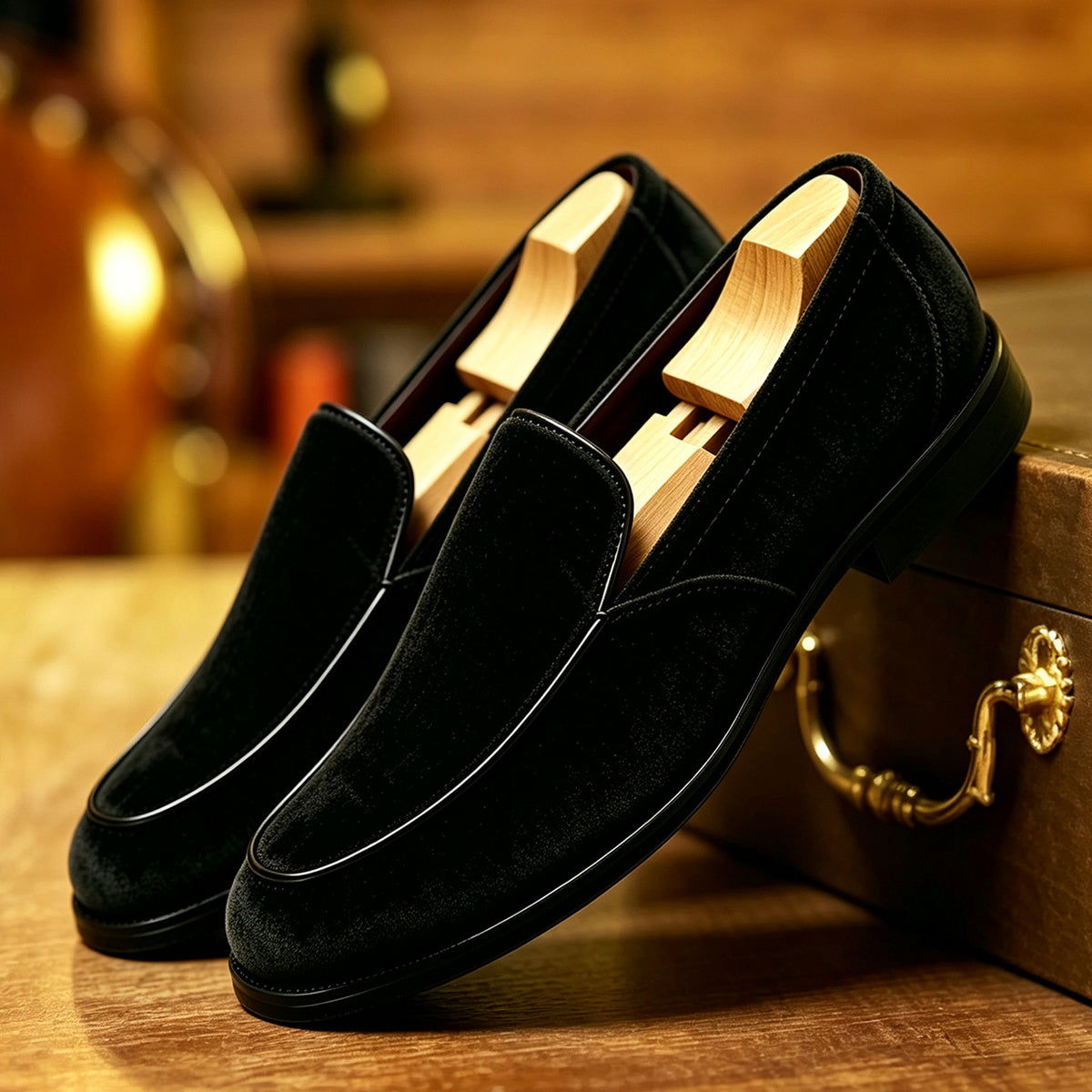 Rafael Venetian Loafers in Black — plush velvet venetian slip-on loafer with piped trim