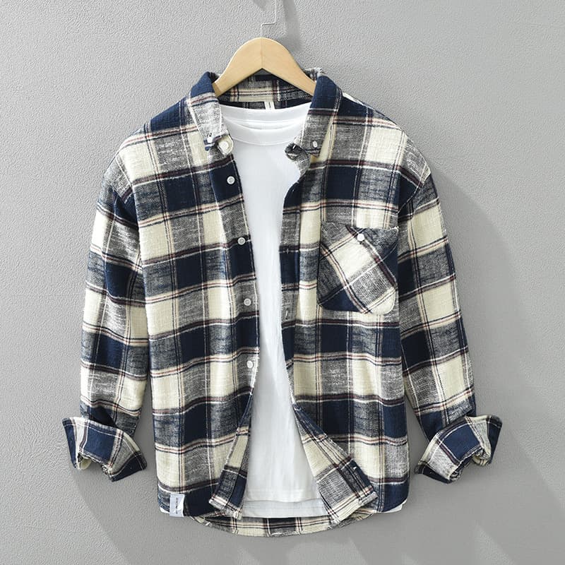 Roman Plaid Shirt in White — men's premium cotton plaid long-sleeve button-up