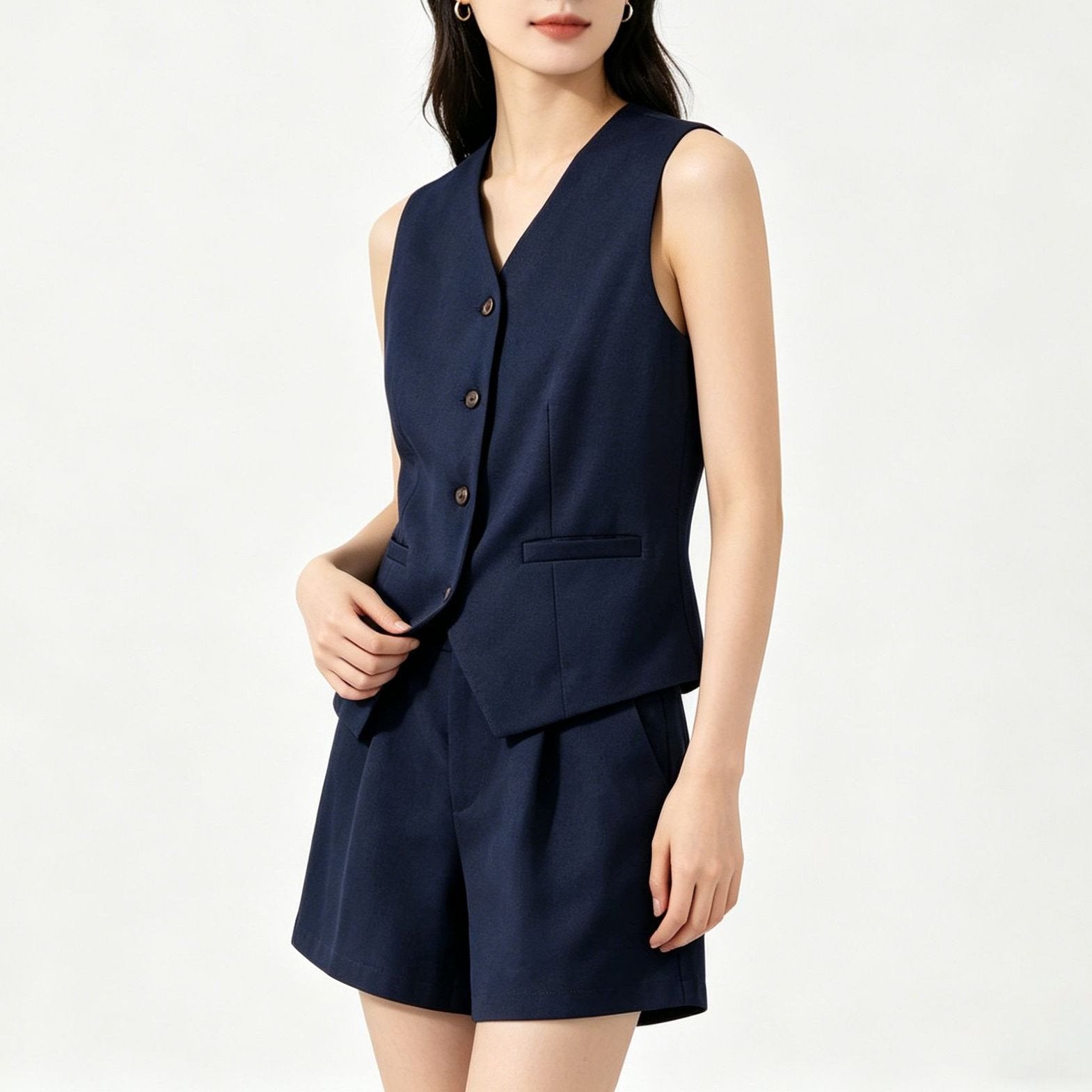 Camille Tailored Set — women's linen waistcoat and shorts two-piece on model | Spaydes