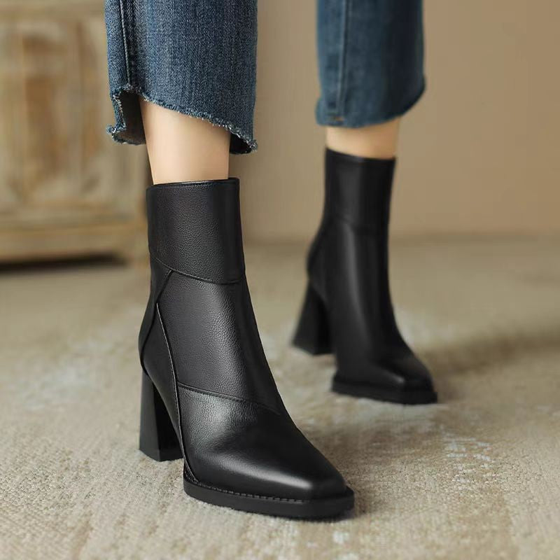 Noemie Square Boots in Black — worn with cropped jeans, square toe and block heel