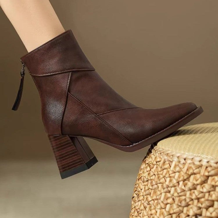 Noemie Square Boots in Dark Brown — worn side view showing the back zip and flared heel