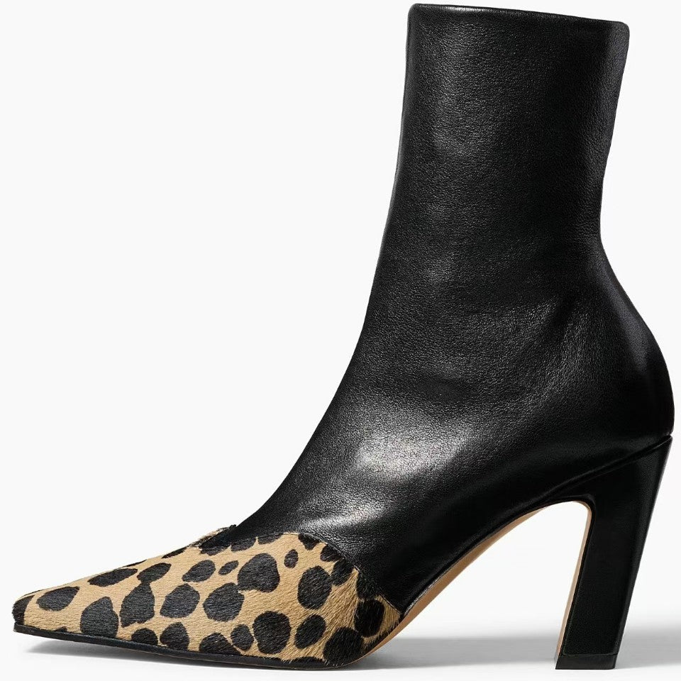 Amelia Pointed Boots in Leopard — side view of the leather boot with a leopard-print pointed toe
